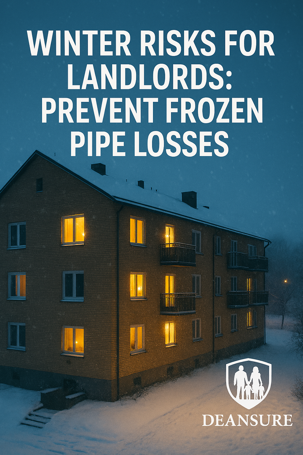 Snow-covered apartment building with icy walkways